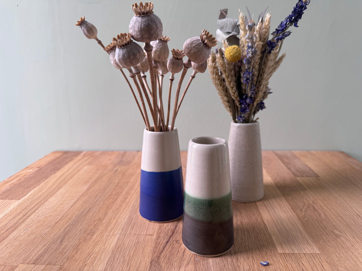 Handmade Bud Vase in a Green and White Overlapping Glaze