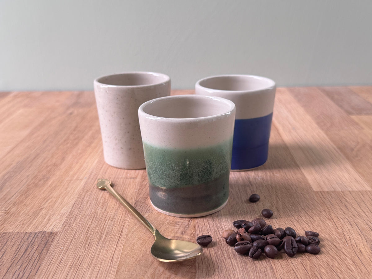 Handmade Espresso Cup in an Overlapping Green and White Glaze