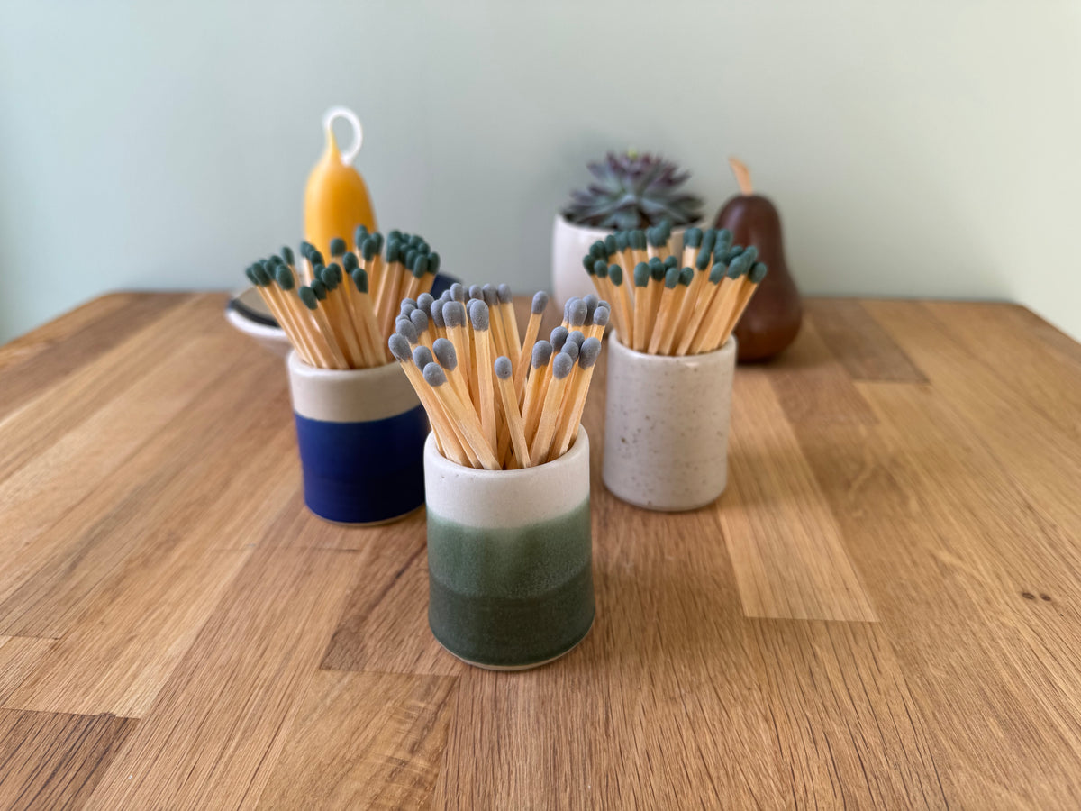 Handmade Match Striker Pot in an Overlapping Green and White Glaze