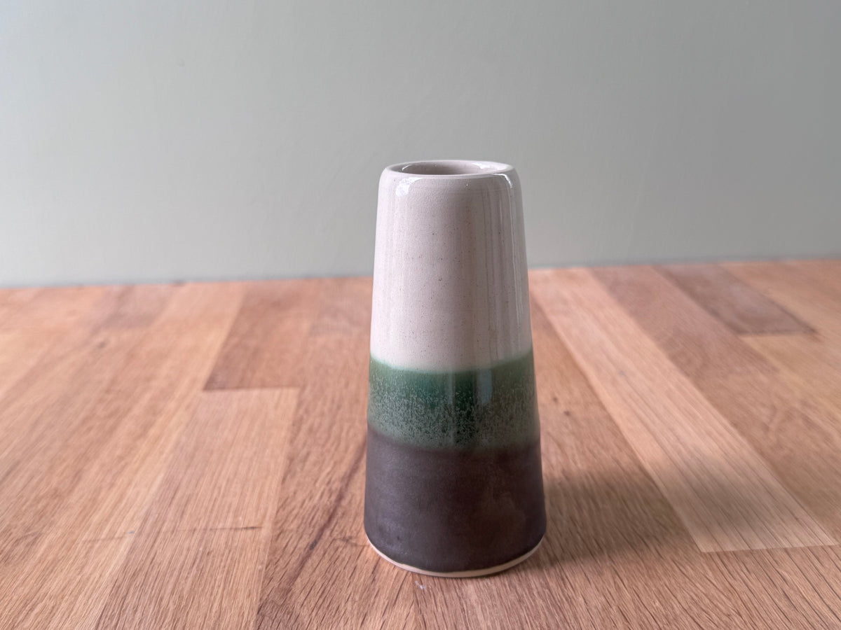 Handmade Bud Vase in a Green and White Overlapping Glaze
