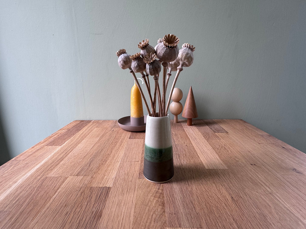 Handmade Bud Vase in a Green and White Overlapping Glaze