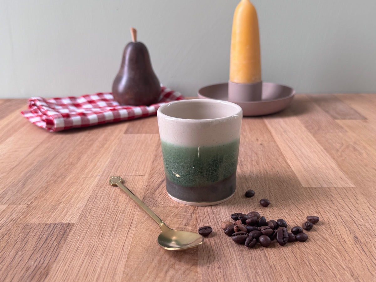 Handmade Espresso Cup in an Overlapping Green and White Glaze