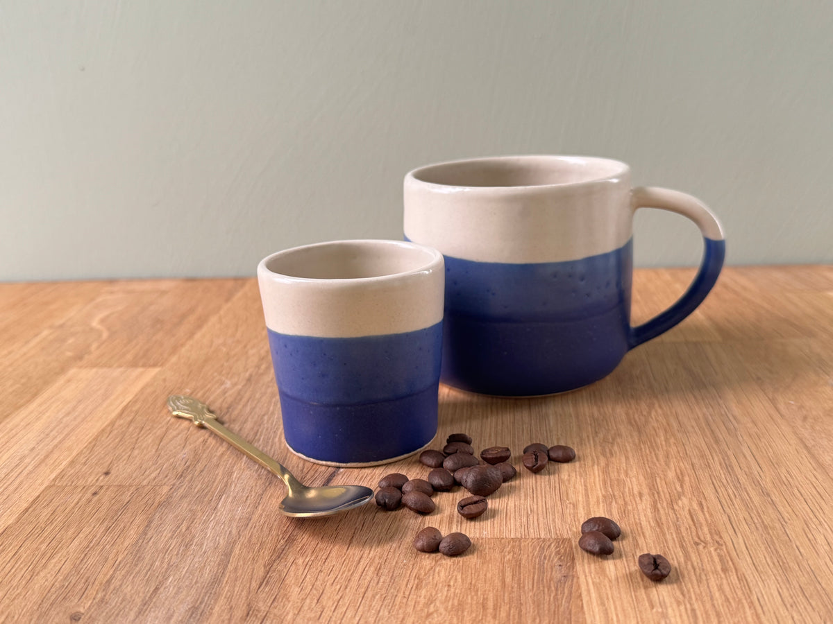 Handmade Espresso Cup in a Blue and White Overlapping Glaze