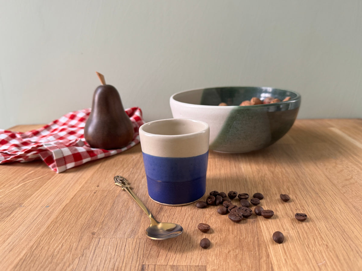 Handmade Espresso Cup in a Blue and White Overlapping Glaze