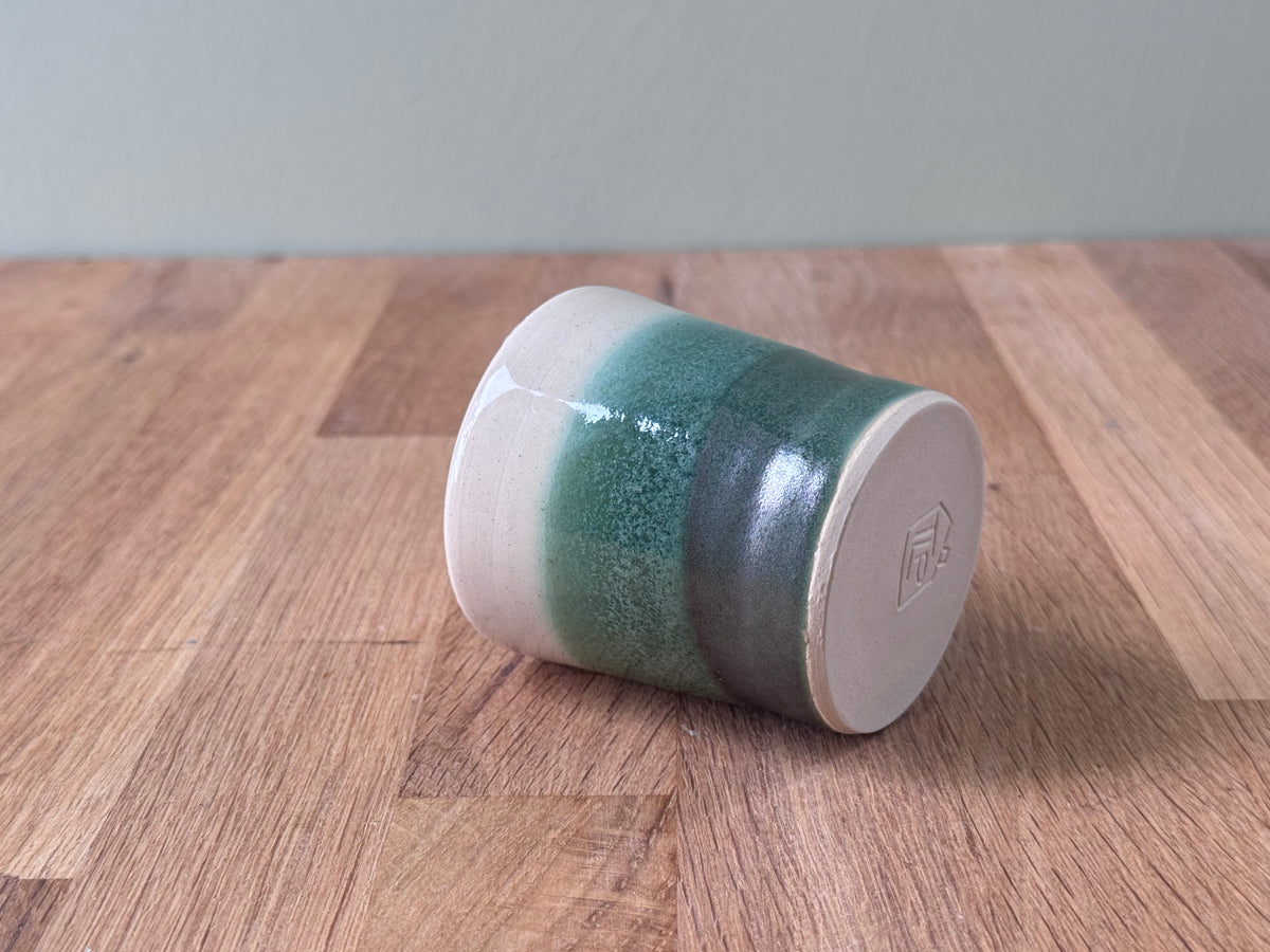 Handmade Espresso Cup in an Overlapping Green and White Glaze
