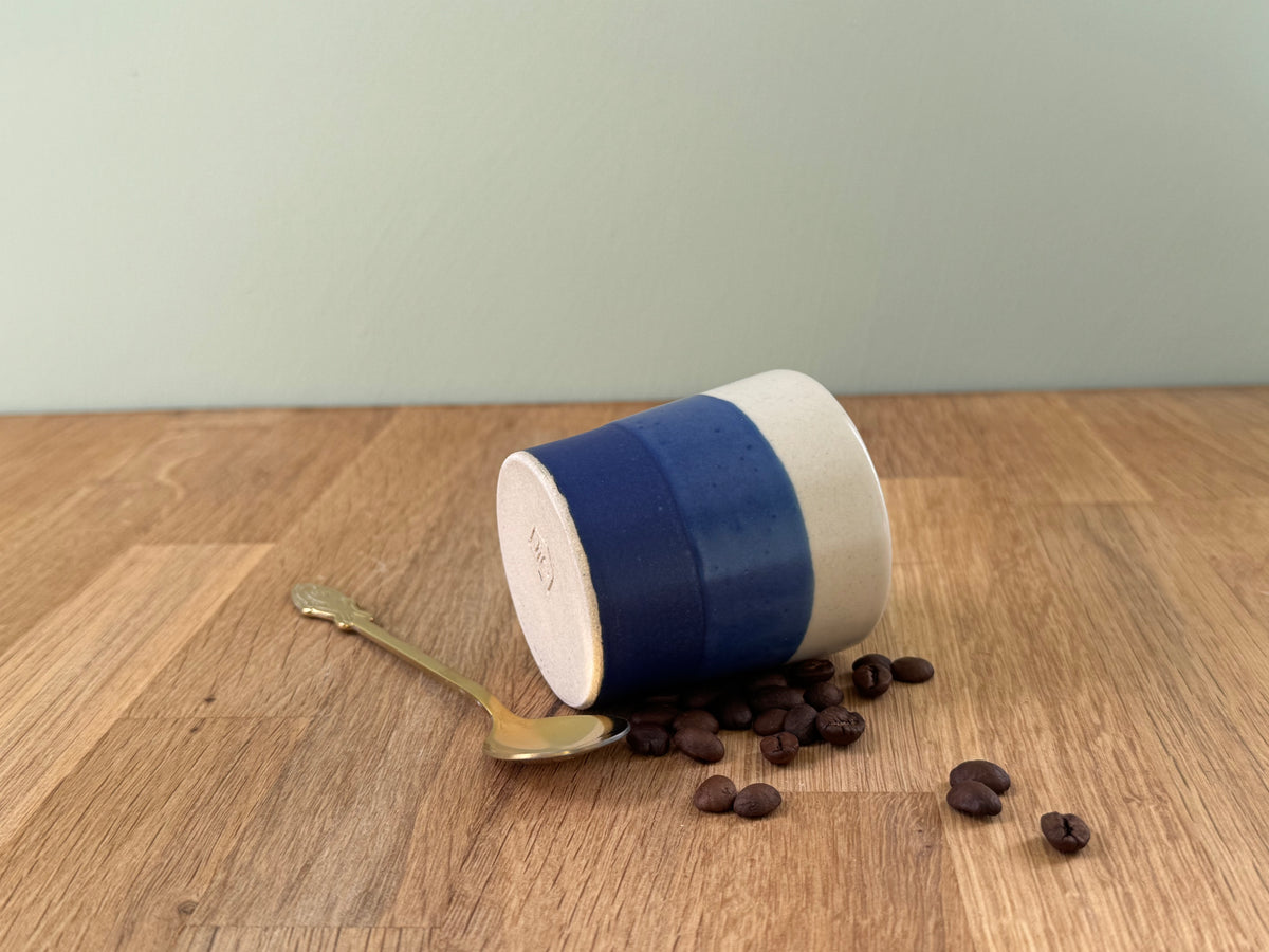 Handmade Espresso Cup in a Blue and White Overlapping Glaze