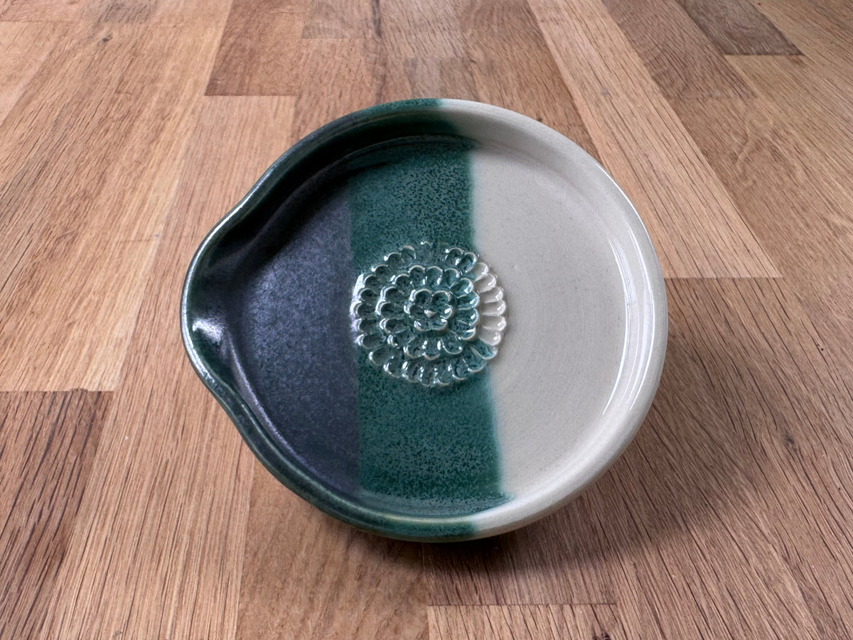 Handmade Garlic Grater Plate in an Overlapping Green and White Glaze