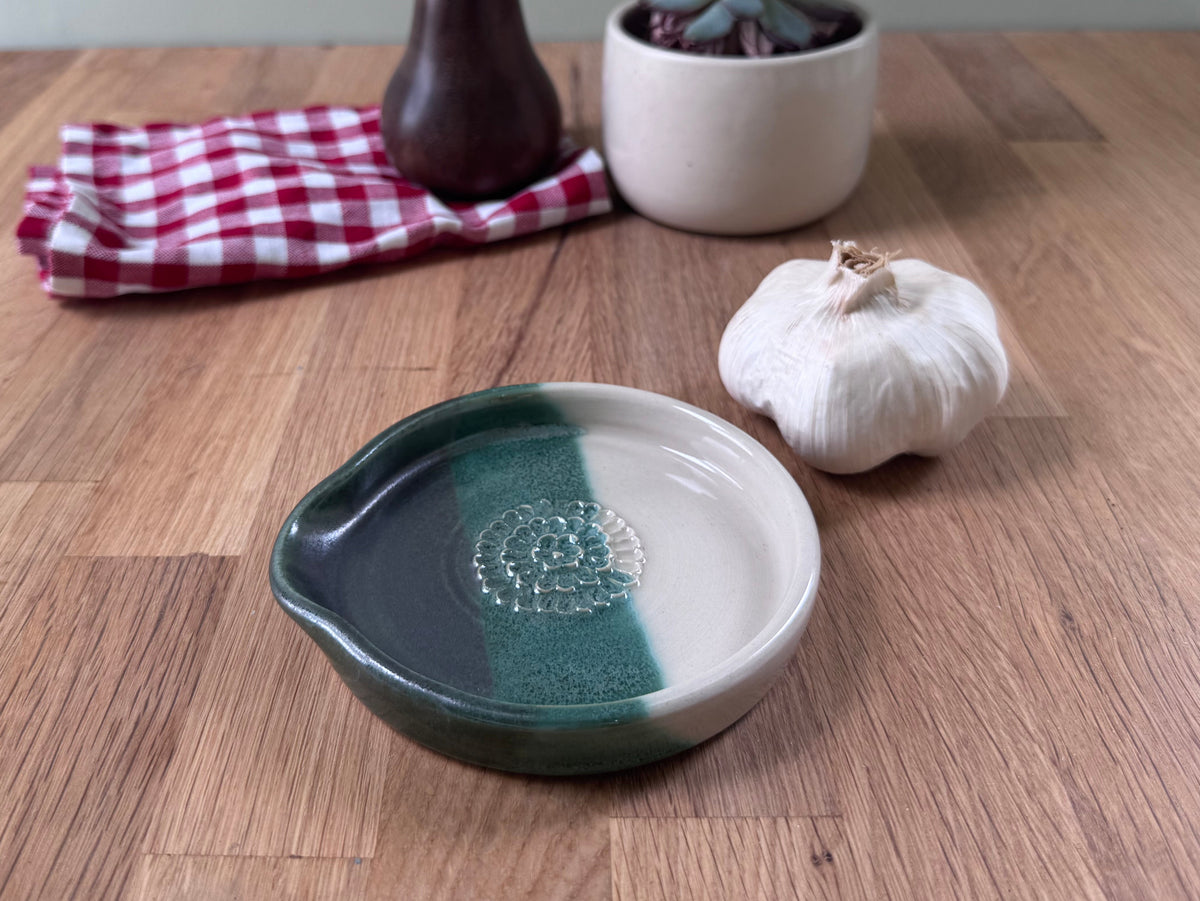 Handmade Garlic Grater Plate in an Overlapping Green and White Glaze