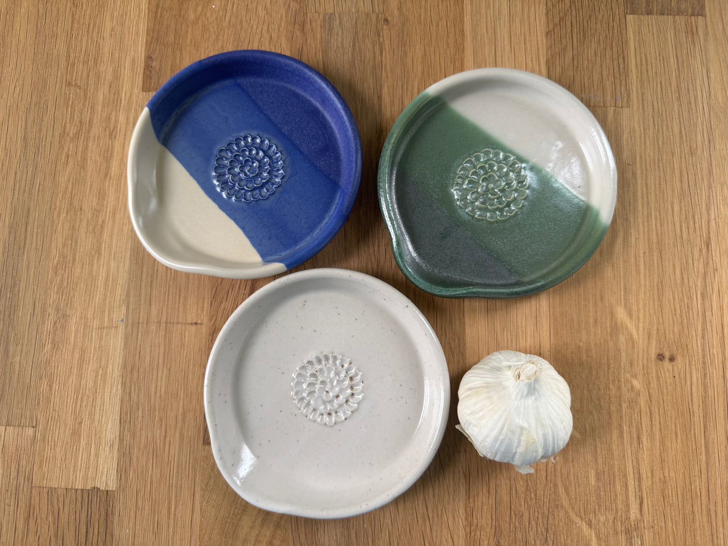 Handmade Garlic Grater Plate in an Overlapping Blue and White Glaze