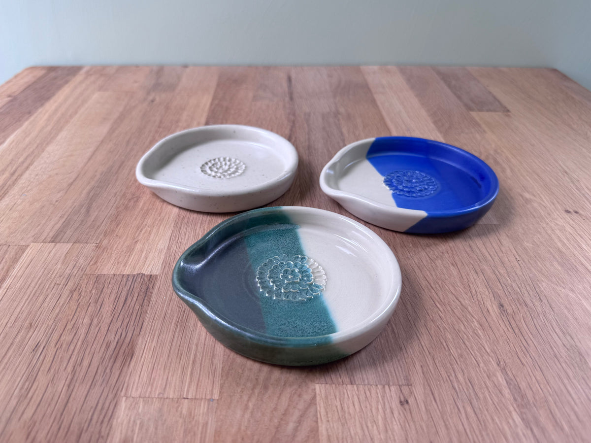 Handmade Garlic Grater Plate in an Overlapping Green and White Glaze