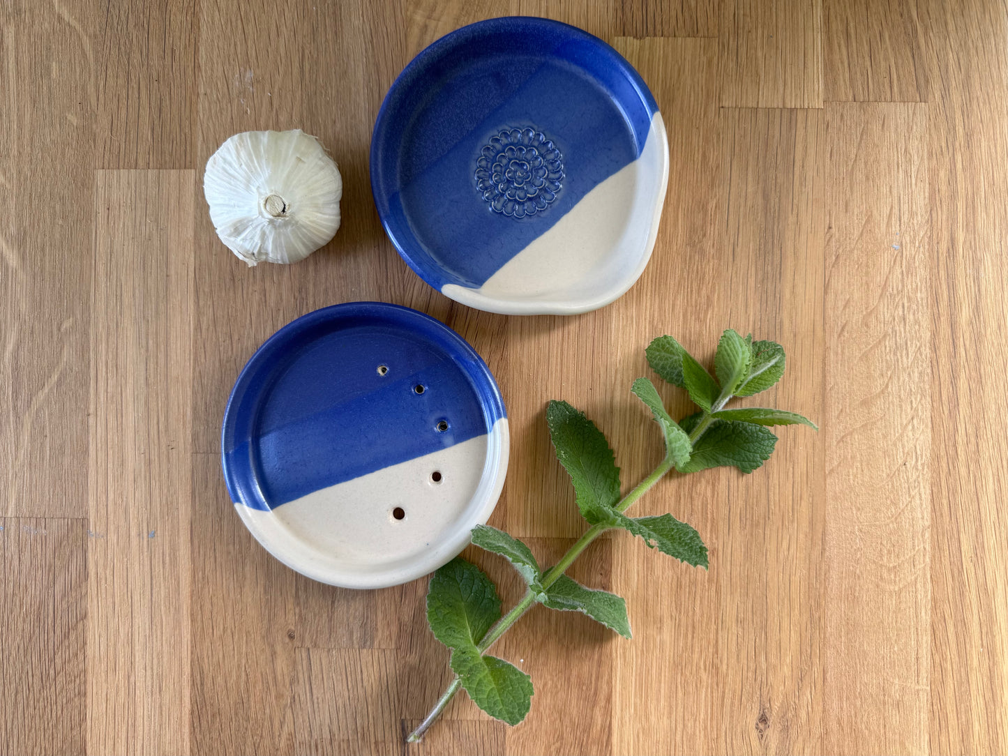 Handmade Garlic Grater Plate in an Overlapping Blue and White Glaze