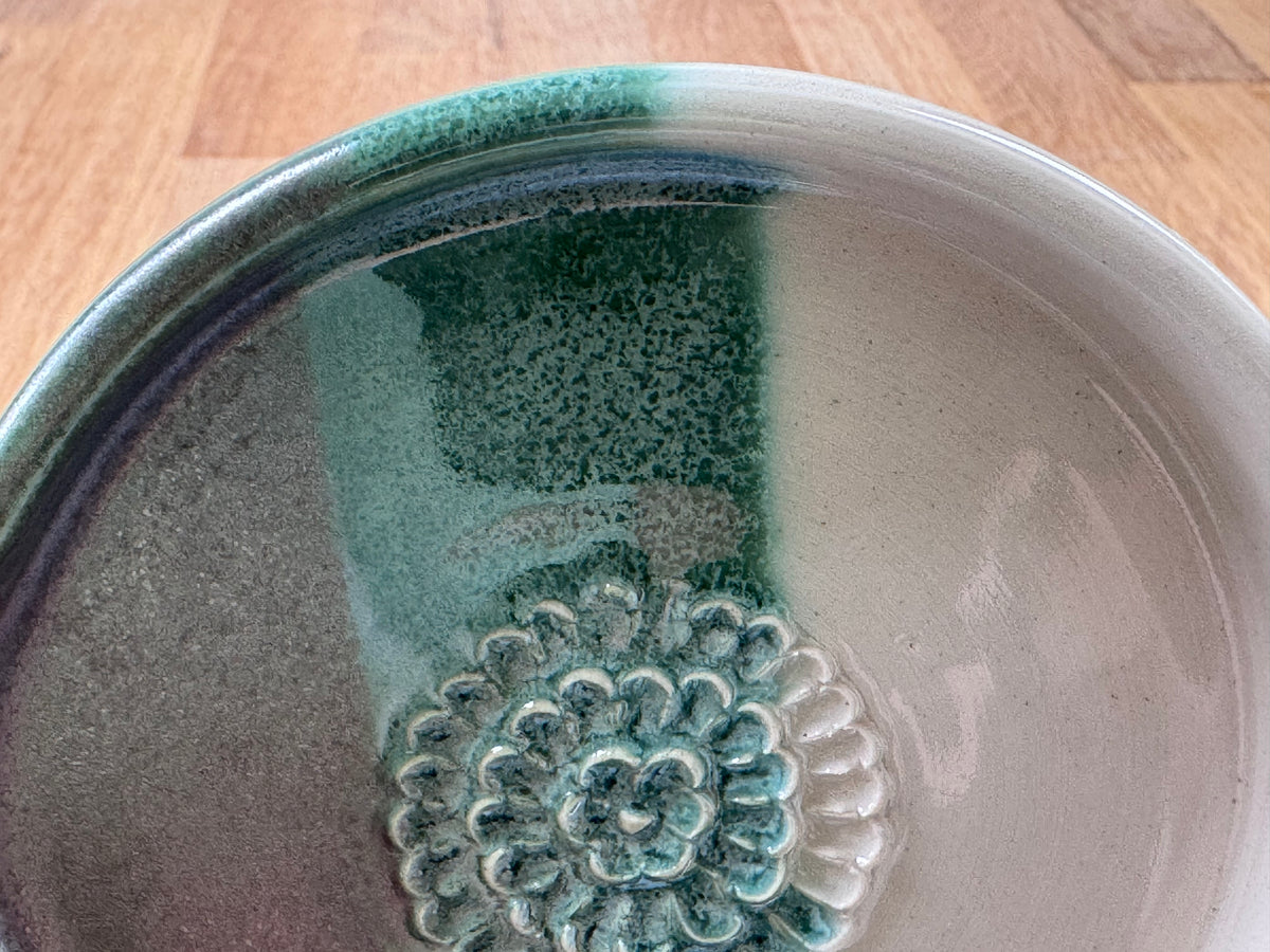 Handmade Garlic Grater Plate in an Overlapping Green and White Glaze
