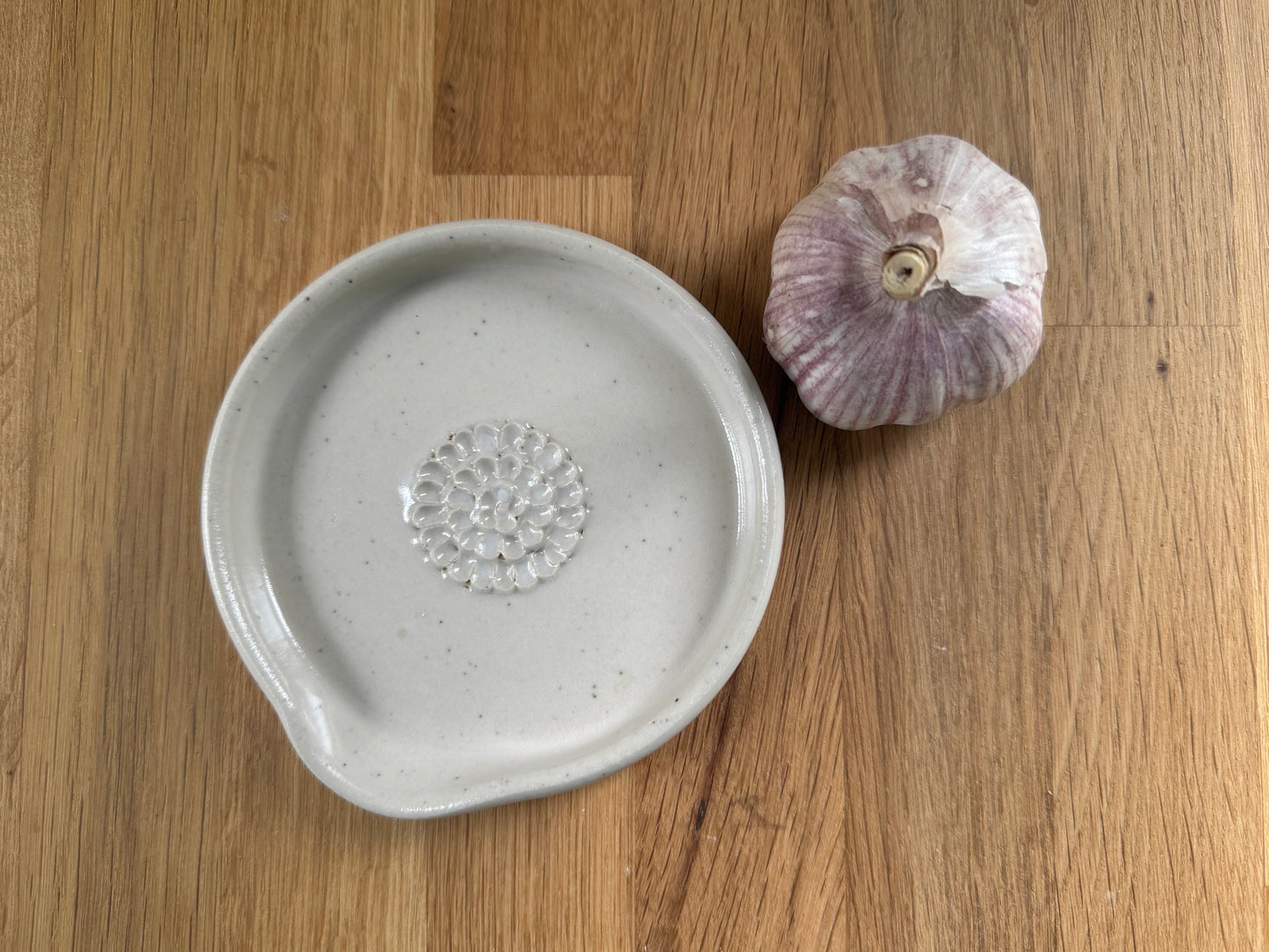 Handmade Garlic Grater Plate in a Cream Speckled Finish