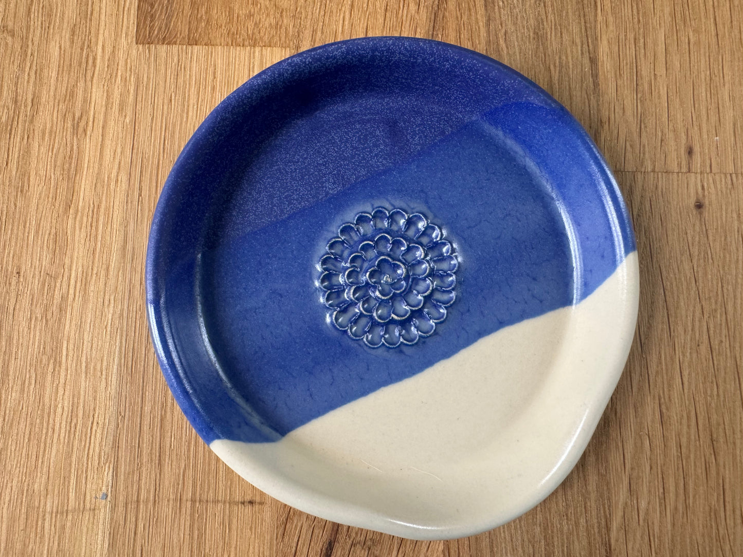 Handmade Garlic Grater Plate in an Overlapping Blue and White Glaze