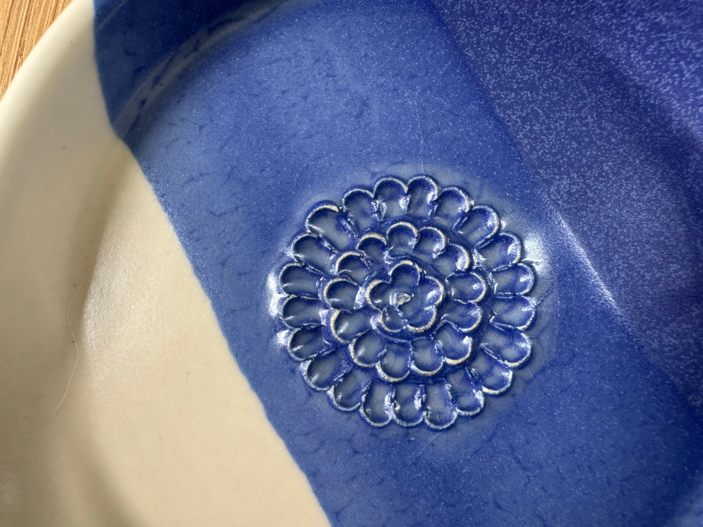Handmade Garlic Grater Plate in an Overlapping Blue and White Glaze