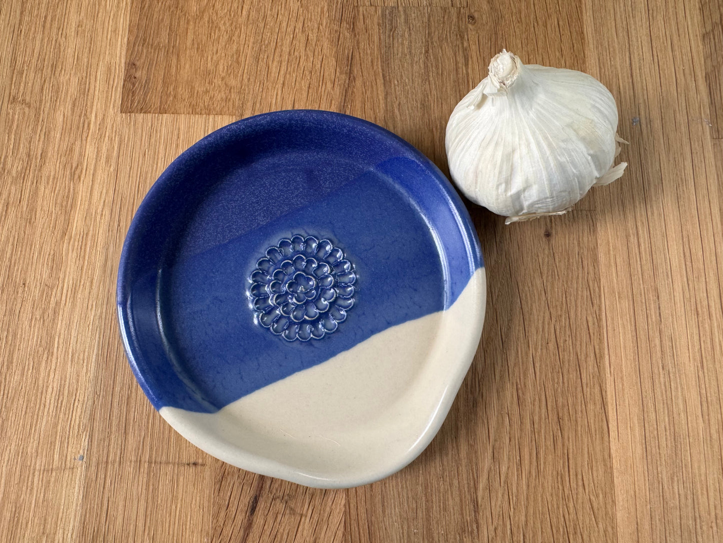 Handmade Garlic Grater Plate in an Overlapping Blue and White Glaze