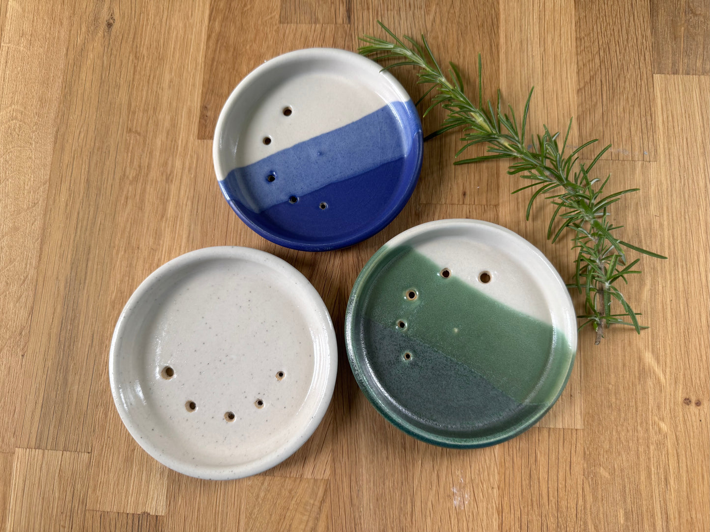 Handmade Herb Stripper Plate in an Overlapping Green and White Glaze