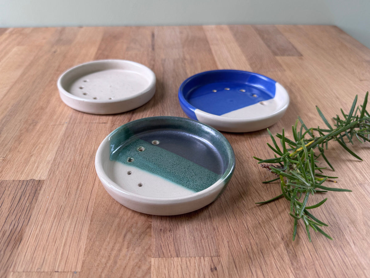 Handmade Herb Stripper Plate in an Overlapping Blue and White Glaze
