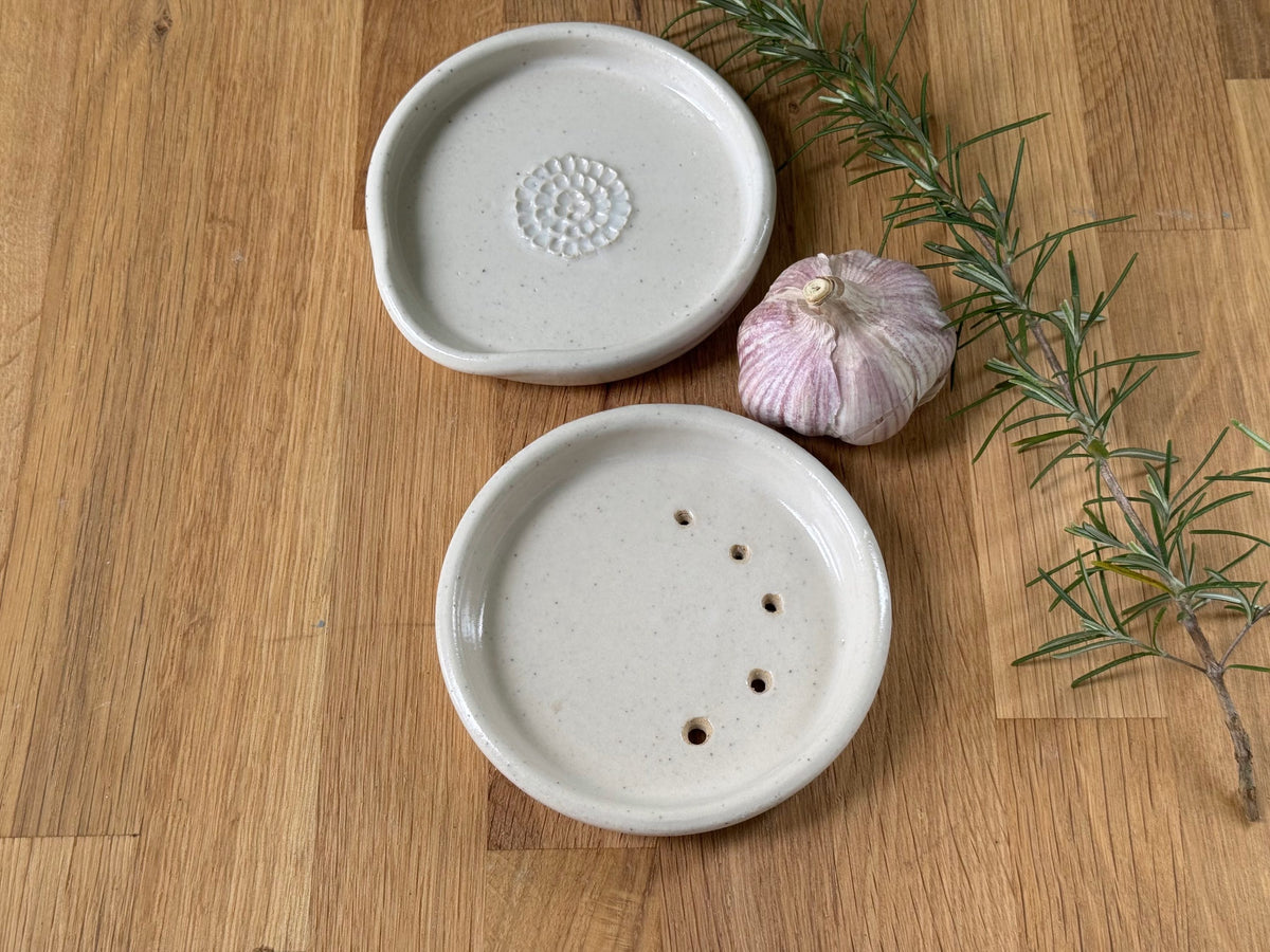 Handmade Garlic Grater Plate in a Cream Speckled Finish