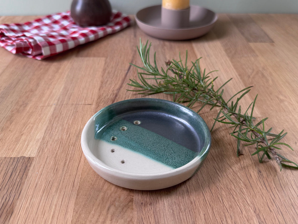 Handmade Herb Stripper Plate in an Overlapping Green and White Glaze