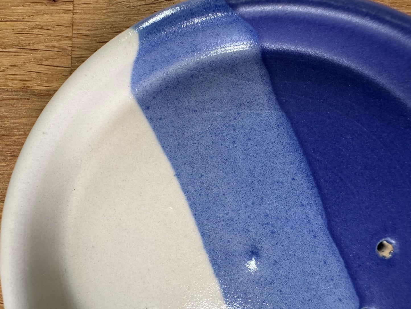 Handmade Herb Stripper Plate in an Overlapping Blue and White Glaze