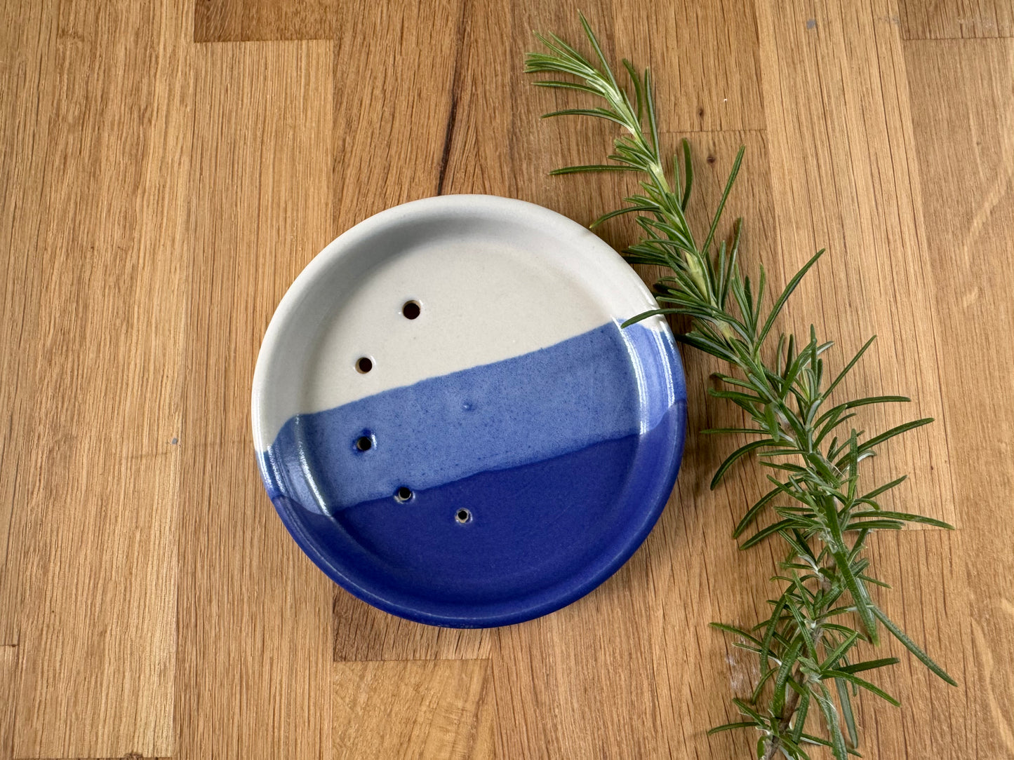 Handmade Herb Stripper Plate in an Overlapping Blue and White Glaze