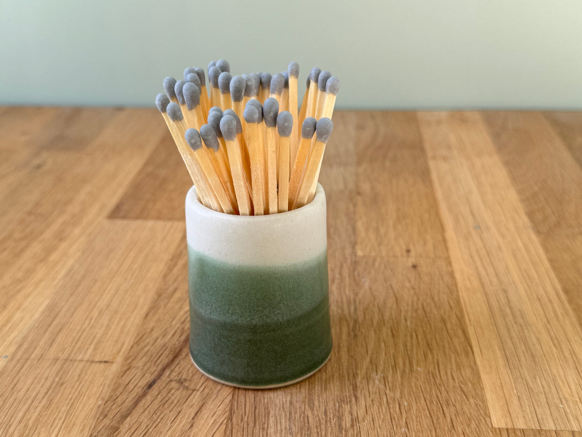 Handmade Match Striker Pot in an Overlapping Green and White Glaze