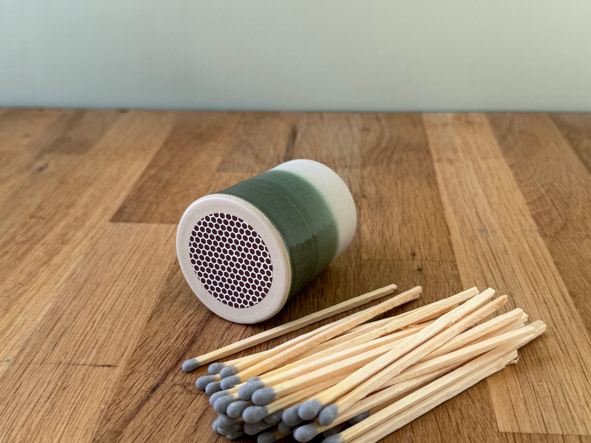 Handmade Match Striker Pot in an Overlapping Green and White Glaze