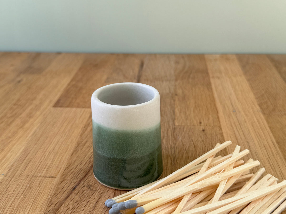 Handmade Match Striker Pot in an Overlapping Green and White Glaze