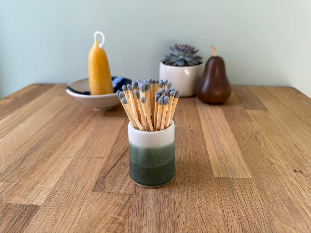 Handmade Match Striker Pot in an Overlapping Green and White Glaze