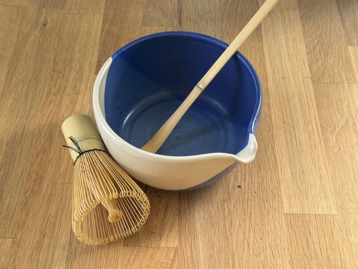 Handmade Matcha/ Pouring Bowl in a Blue and White Overlapping Glaze