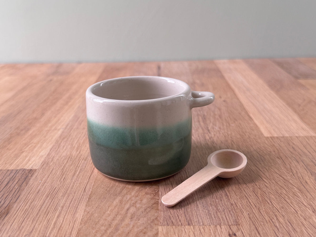 Salt Pot with Spoon in a Green and White glaze