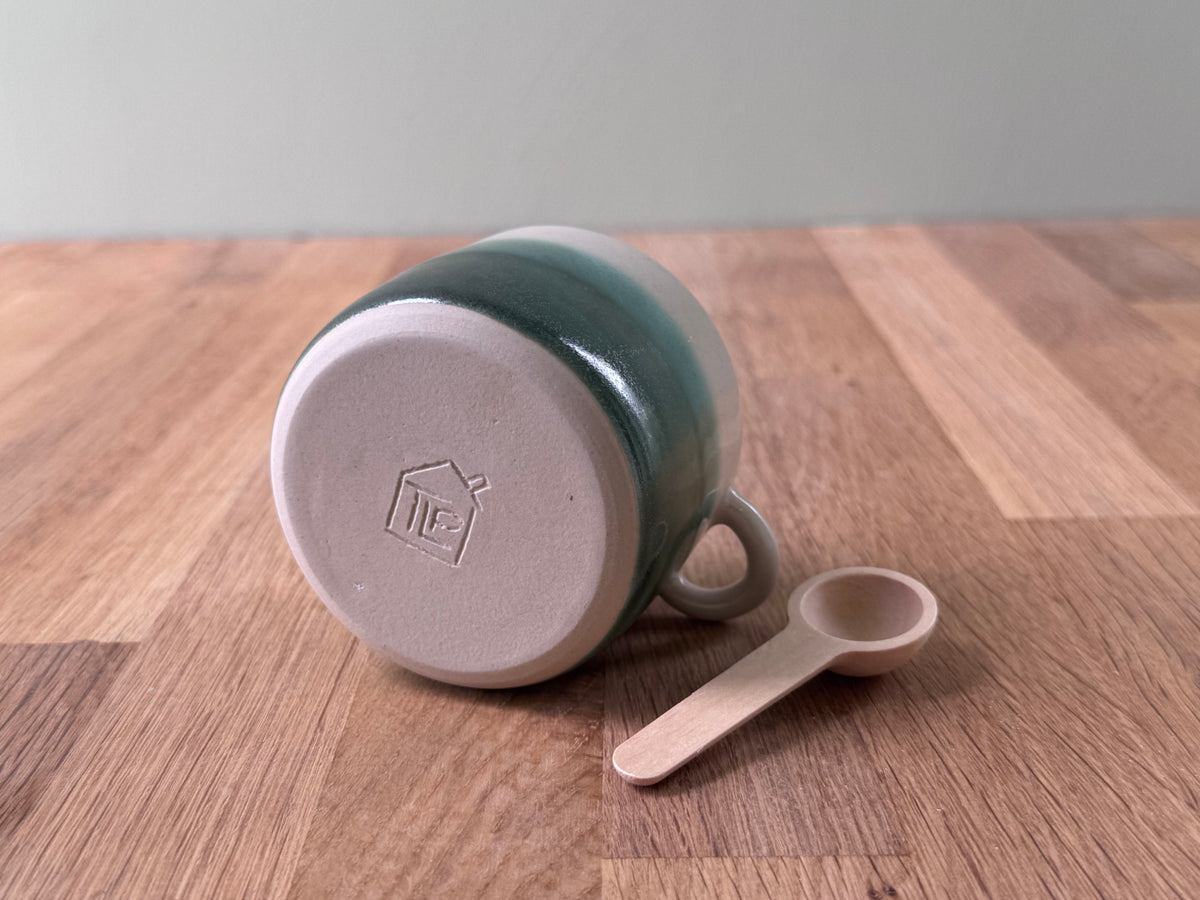 Salt Pot with Spoon in a Green and White glaze