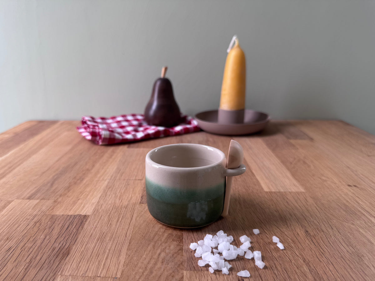 Salt Pot with Spoon in a Green and White glaze