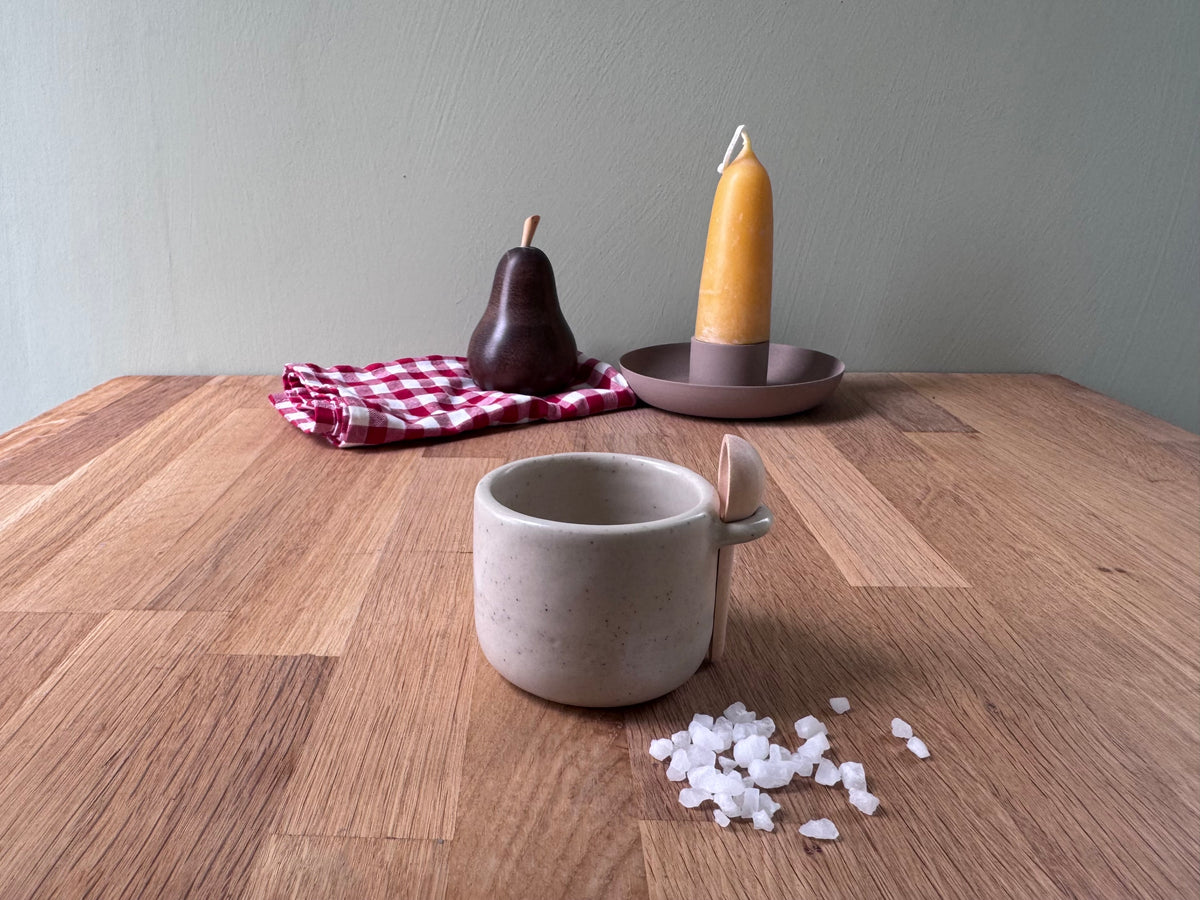 Salt Pot with Spoon in a Cream Glaze
