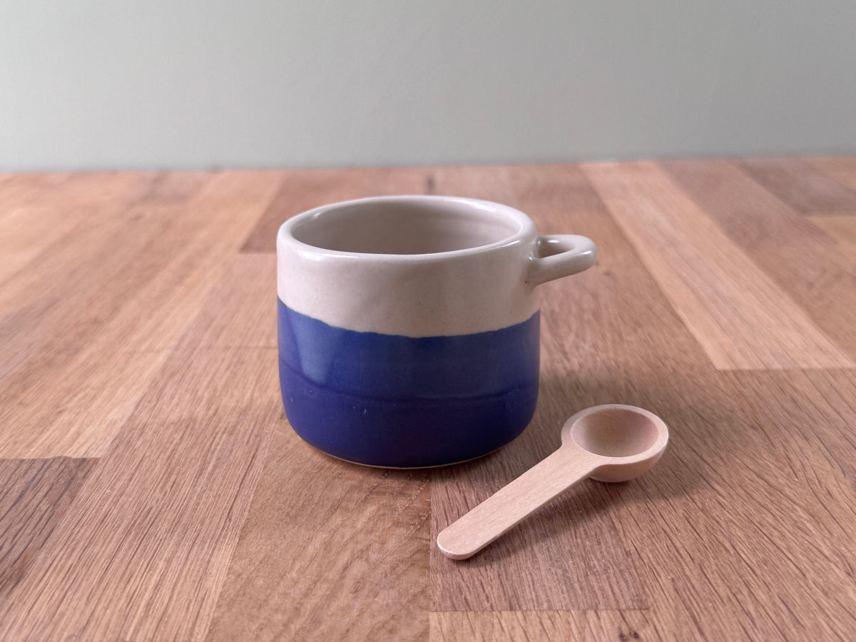 Salt Pot with Spoon in Blue and White Glaze