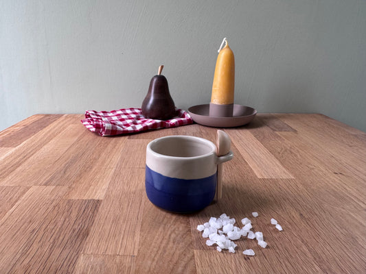 Salt Pot with Spoon in Blue and White Glaze