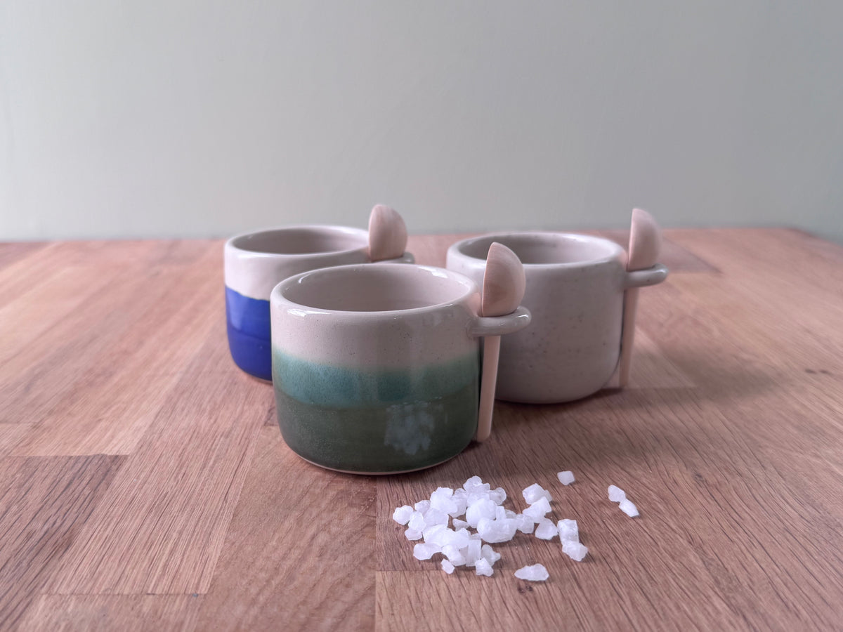 Salt Pot with Spoon in a Green and White glaze