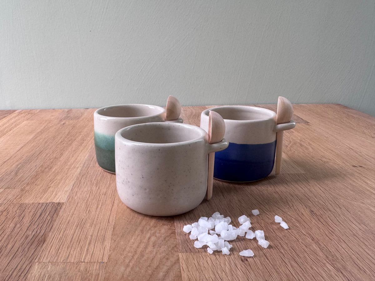 Salt Pot with Spoon in a Cream Glaze
