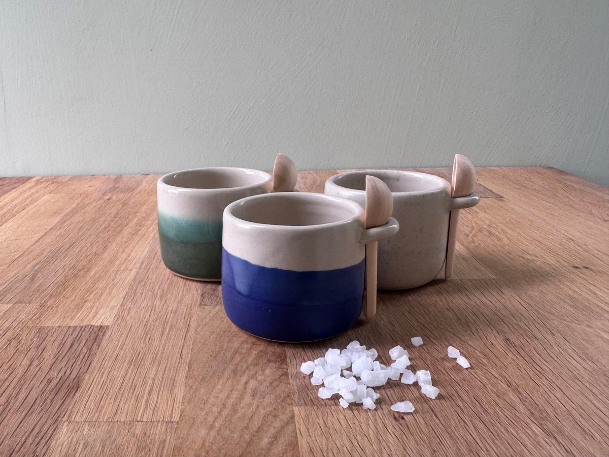 Salt Pot with Spoon in Blue and White Glaze