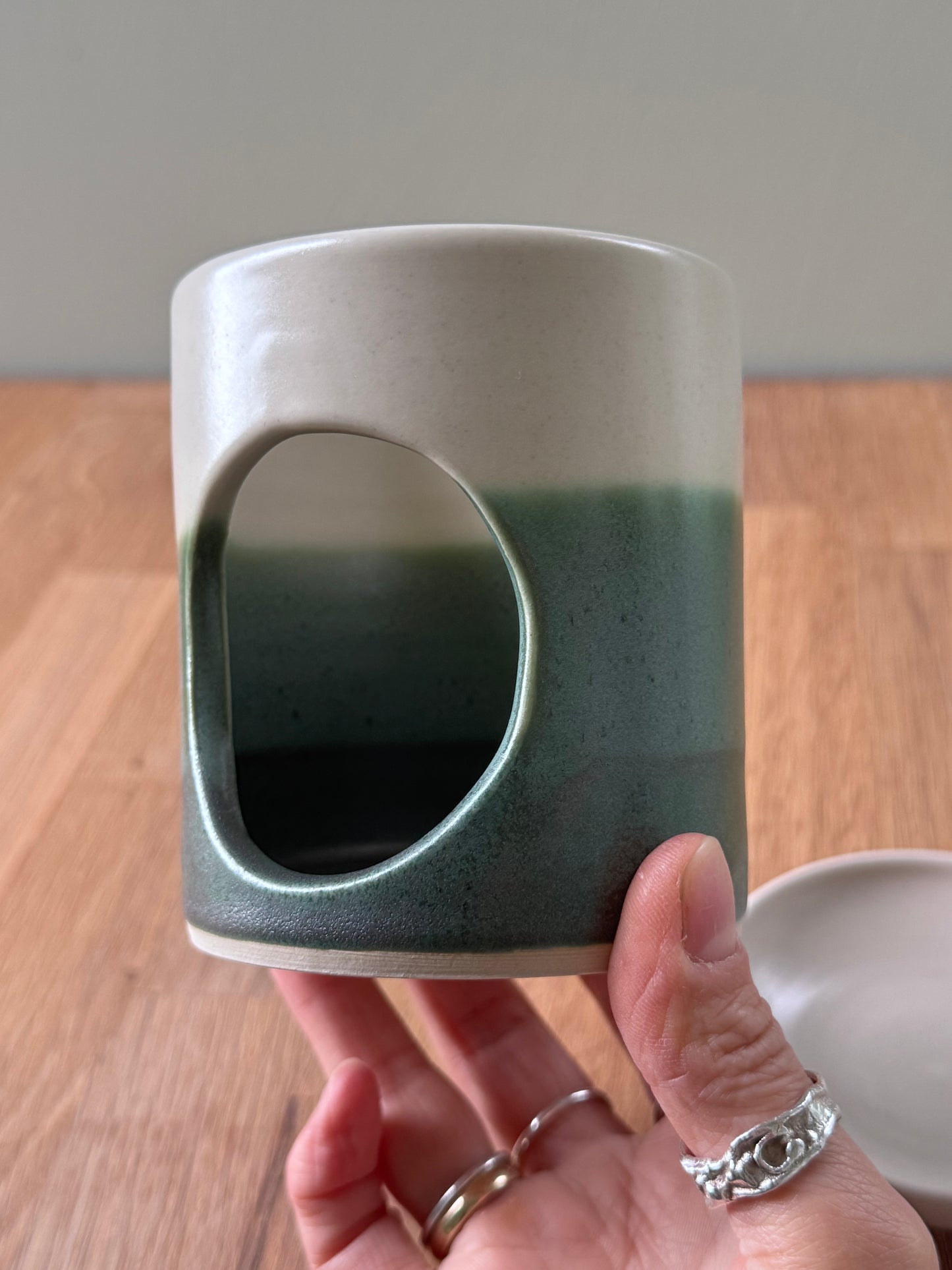 Handmade Wax Melt Burner in an Overlapping Green and White Glaze