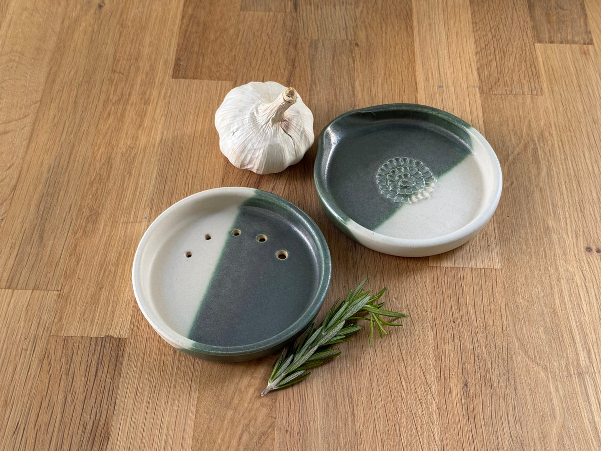 Handmade Herb Stripper Plate in an Overlapping Green and White Glaze